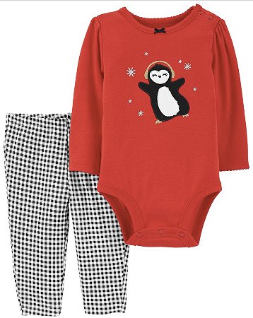 Body Vermelho Penguim e Calça Xadrez