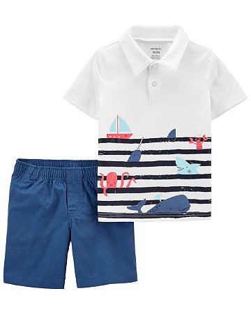 Camiseta Polo Animais no Mar e Shorts