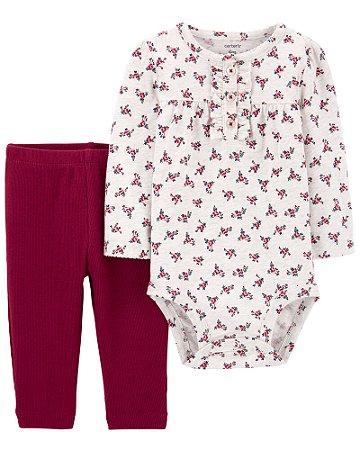 Conjunto Body Manga Longa Floral e Calça Vinho