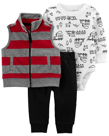 Conjunto Colete Listras Fleece, Body Manga Longa e Calça