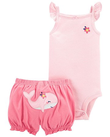 Body e Shorts Rosa listrado com Baleia