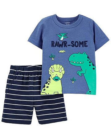 Camiseta Azul Dinossauro e Shorts Listrado