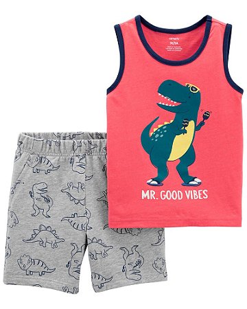 Regata Laranja e Shorts Cinza Dinossauro