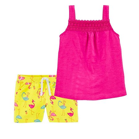 Blusinha Regata Pink e Shorts Amarelo Flamingos