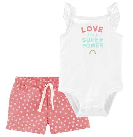 Body Branco "love is my super power" e Shorts de Poa