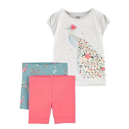 Camiseta Pavão e 2 Shorts Pink e Azul