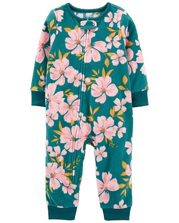 Macacão Fleece Verde Floral de Ziper sem Pé