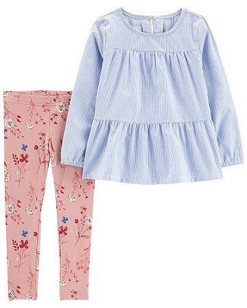 Batinha Listras Azul e Legging Rosa Floral