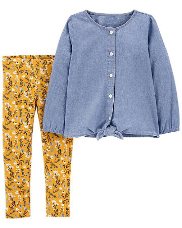 Camisa Chambray e Calça Legging Amarela Floral