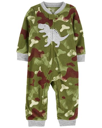 Macacão Fleece Camuflagem Dinossauro de Zíper sem Pé