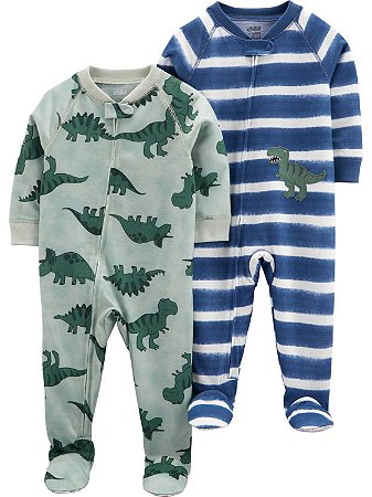 Kit Macacão Verde Com Dino e Azul Listrado. De Ziper com Pe