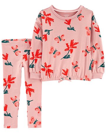 Conjunto Blusa e Calça Rosa com Flores e Borboletas