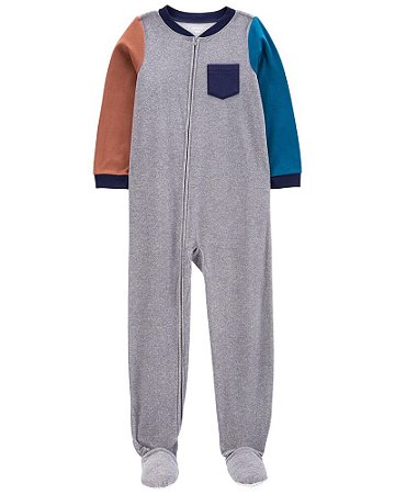 Macacão Fleece Cinza e Azul Manga Colorida de Zíper com Pé