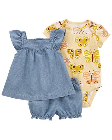 Trio Batinha e Shorts Chambray e Body Amarelo