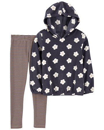 Blusa Fleece Azul Flores e Legging Listrada