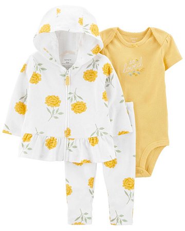 Conjunto Body, Calça e Casaco Amarelo e Branco