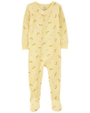 Macacão Amarelo Flores de Zíper com Pé
