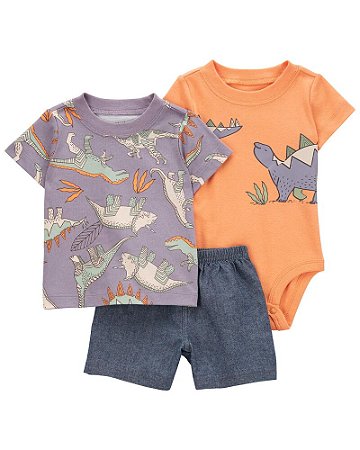 Trio Camiseta Dinossauro, Body Laranja e Shorts Chambray