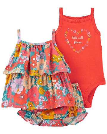 Trio Batinha, Body e Shorts Florido Laranja Little Wild Flower