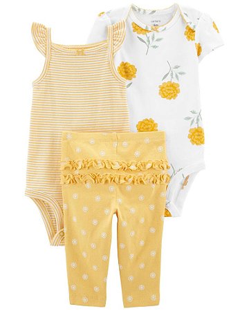 2 Bodies e Calça - Amarelo Flores e Listras