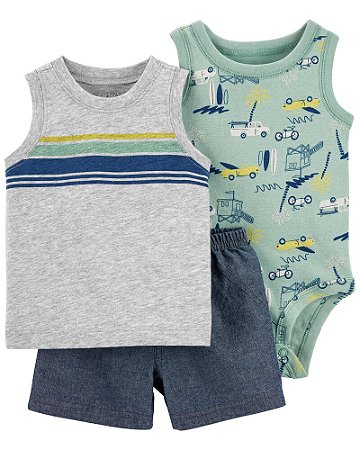 Trio Camiseta Regata, Body e Shorts Chambray