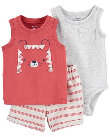 Trio Camiseta Regata, Body e Shorts Vermelho