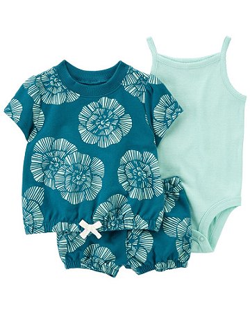 Trio Camiseta, Shorts e Body Azul com Flores