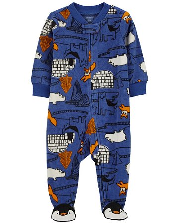 Macacão Fleece Azul Iglu de Zíper com Pé