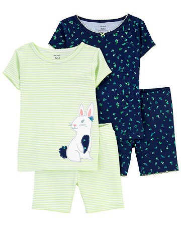 Pijama 4 peças Camisa e Shorts Azul Flores e Verde Coelho