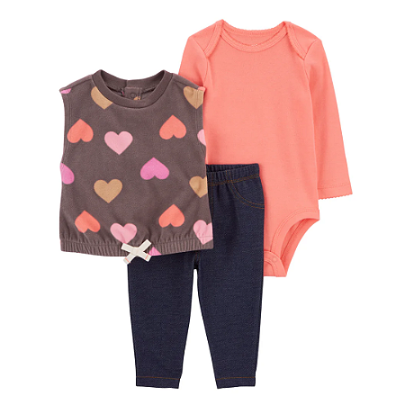 Conjunto Colete Corações Fleece 3 peças