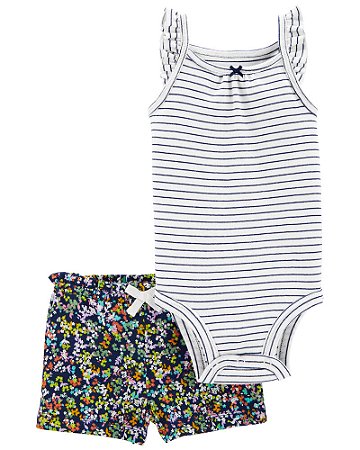 Body e Shorts Listras e Flores Azul