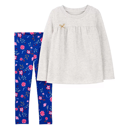 Suéter Cinza e Calca Legging Azul Flores