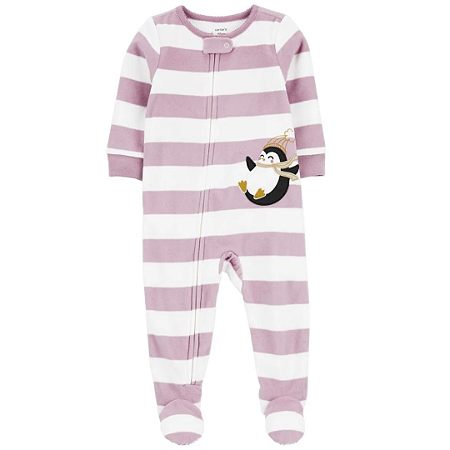 Macacãp Fleece Listrado Pinguim de Ziper com Pé