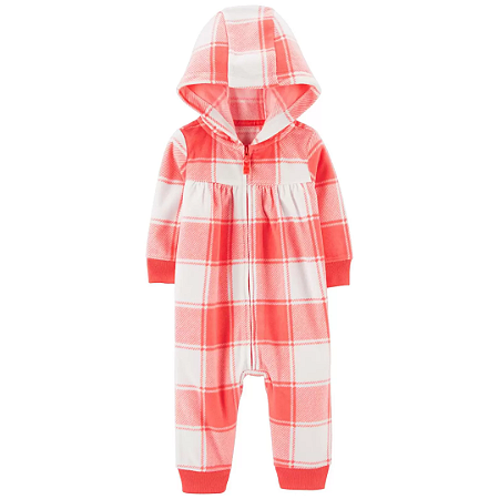 Macacao Fleece Xadrez Branco e Laranja de Ziper sem Pé