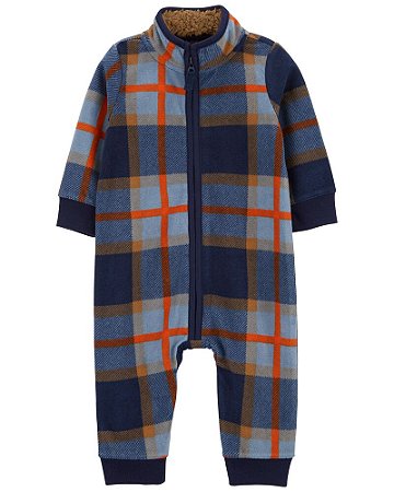 Macacão Fleece Xadrez Azul de Ziper sem Pé