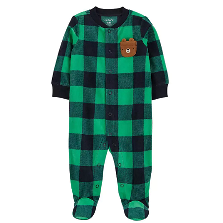 Macacão Fleece Xadrez Verde Azul de Botao com Pé