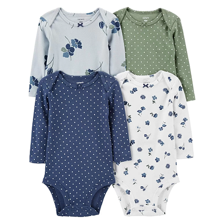 Kit Body Manga Longa Azul Florido