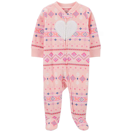 Macacão Fleece Rosa Coração de Ziper com Pé