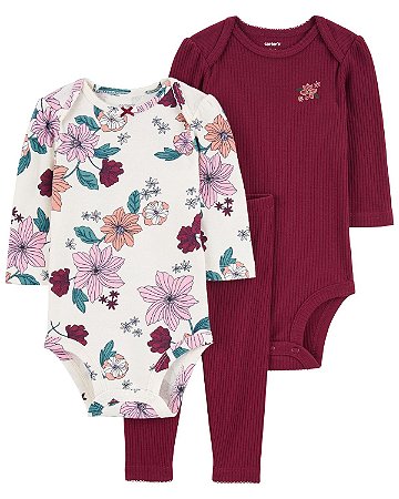 Trio 2 Bodies Manga Longa e Calca Vinho com Flores