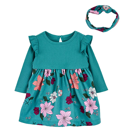 Vestido Body com Faixa de Cabelo Verde Florido