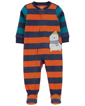 Macacão Fleece Listrado Azul e Laranja de Ziper com Pé