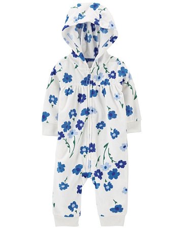Macacão Fleece Branco com Flores Azul de Ziper sem Pé