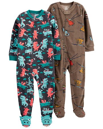 Kit Macacão Fleece Dinossauro e Helicoptero de Ziper com Pé