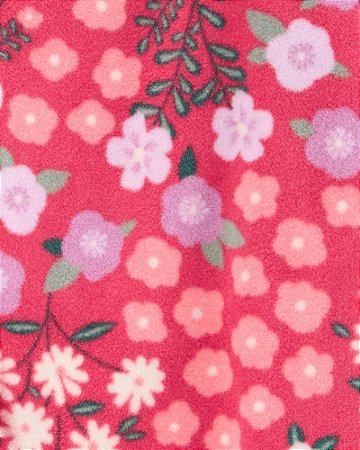 Macacão Fleece Rosa com Flores de Ziper com Pé