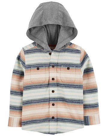 Camisa Listrada Flanelada com Capuz Cinza