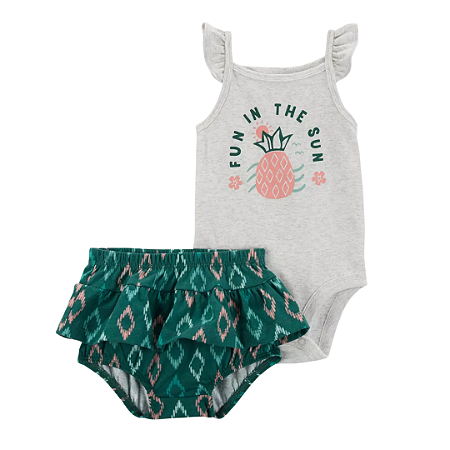 Body e Shorts Saia Cinza e Verde Abacaxi