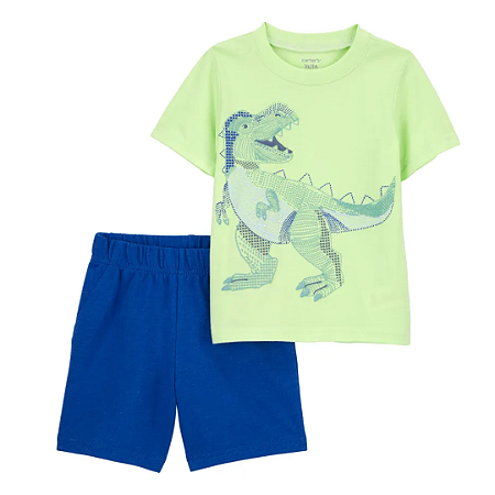 Camiseta Verde Dinossauro e Shorts Azul