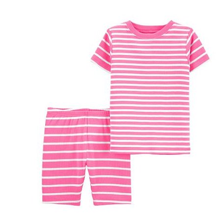 Pijama Camiseta e Shorts Listrado Branco e Rosa