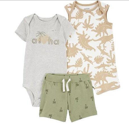 Trio Body, Shorts e Romper Dinossauro  - Recém Nascido