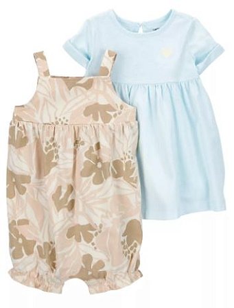 Kit Romper e Vestido Azul e Bege - 12 meses